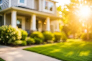 Obraz premium a residential house with a green lawn and shrubs bathed in sunlight. real estate background banner with bokeh light effect.