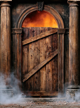 Ancient wood gate arched entrance stone column smoky scene old house historic architecture rustic door worn wood fire glow dark facade