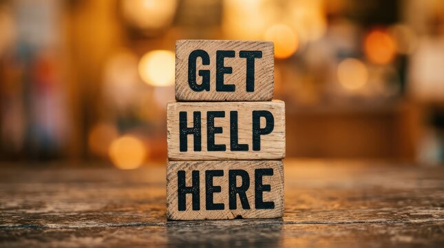 Wooden blocks stacked to display get help message in warm indoor lighting with against blurred background form message here against communication