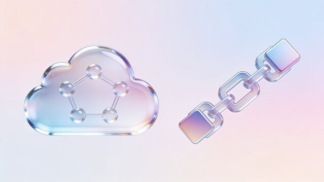 Modern 3D cloud and data chain link icons representing digital security and connectivity