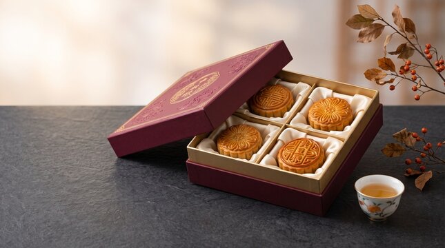A premium gift box containing traditional mooncakes for celebrating the annual mid autumn festival with hot tea