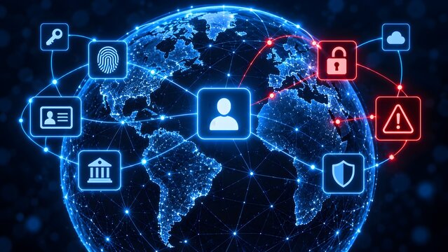 Global cybersecurity network showing digital earth globe defending against international cyber attacks and red data breach warnings