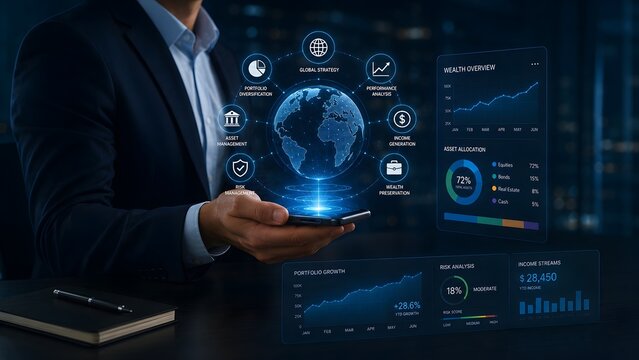 Businessman using smartphone to project glowing holographic earth and advanced digital financial dashboards for wealth management.