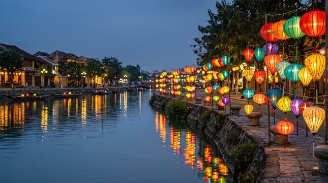 Beautiful hoi an ancient town river scene decorated with colorful lanterns for the traditional mid autumn festival celebration