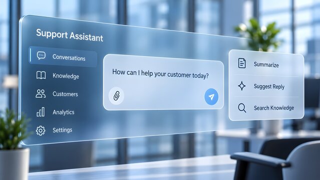 Customer support assistant interface showing intelligent chat suggestions and analytics for modern corporate helpdesk teams