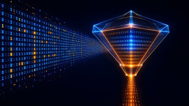 Futuristic digital data funnel prism with glowing binary code stream representing information processing compression and advanced cyber analytics.