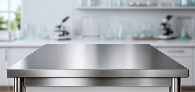 Stainless steel table in bright laboratory kitchen with blurred microscope and glass shelf background, clean modern interior