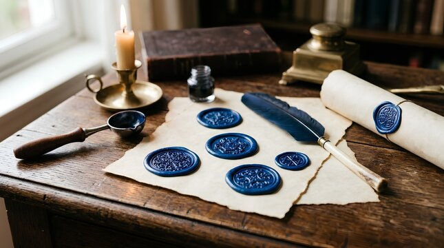 Elegant Blue Wax Seals with Ornate Designs on an Antique Wooden Desk, Lit by Soft Natural Light