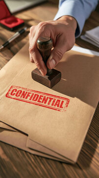 Confidential Stamp on Envelope: A hand presses a red Confidential stamp onto a manila envelope, symbolizing privacy and security in document handling and official correspondence.