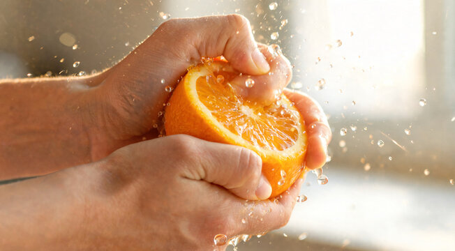 Hands squeezing fresh orange juice from a ripe citrus fruit.