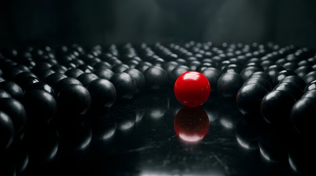 Lone red sphere standing out among countless dark black spheres on a reflective glossy surface, dramatic moody lighting, individuality and uniqueness concept, dark background