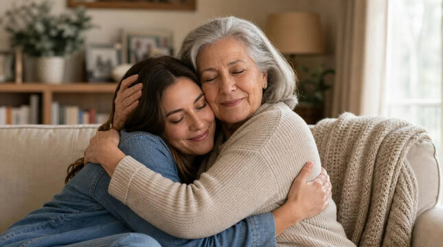 Elderly mother and adult daughter share a tender embrace on a neutral-toned sofa, conveying love, comfort, and heartfelt family connection in a warm living room