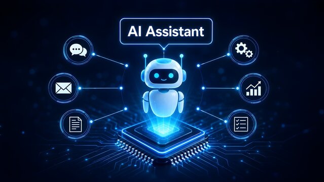 Futuristic AI assistant robot emerging from a microchip connecting to business workflow and communication icons