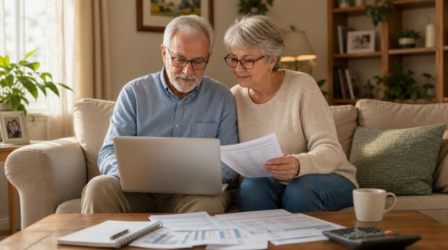 Elderly couple sitting together on a beige sofa in a sunlit living room, reviewing paperwork and bills beside an open silver laptop on a wooden coffee table