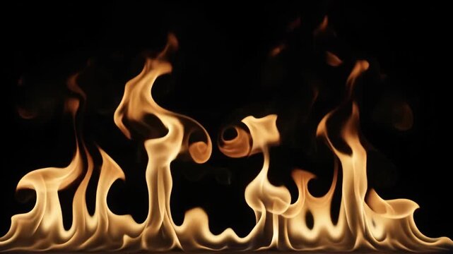 Golden fire flame rising from fireplace against dark black background, glowing warm light and curling shapes creating dramatic elegant abstract pattern with rich contrast for atmospheric design