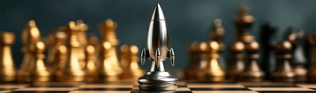 Rocket on Chessboard: A silver rocket ship stands as a singular piece on a chessboard, surrounded by golden and black chess pieces, symbolizing strategy, innovation, and the launch of a new venture.