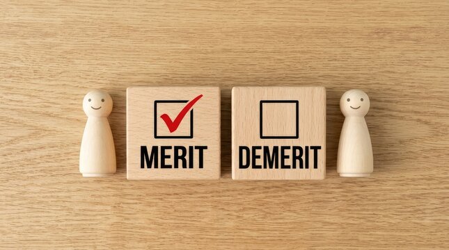 Wooden figures beside merit and demerit labeled blocks on wooden surface with checkmark demerit empty two simple wooden figures stand disapproval
