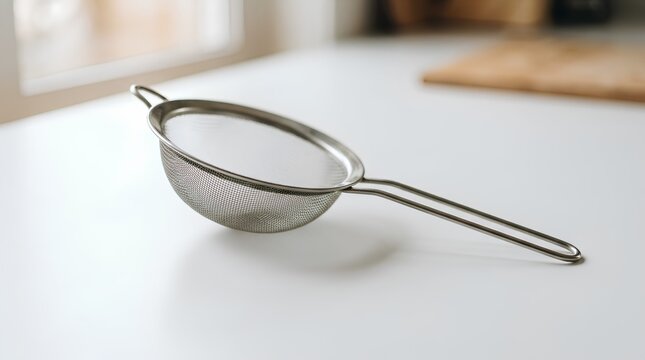 Stainless steel mesh kitchen strainer with long handle resting on white countertop, soft natural light, shallow depth of field, minimalist clean composition for cooking and culinary use