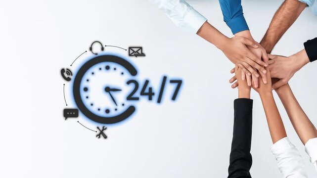 Four diverse hands join in unity around a clock symbolizing constant availability and collaboration, reflecting a modern approach to teamwork in business. Raster