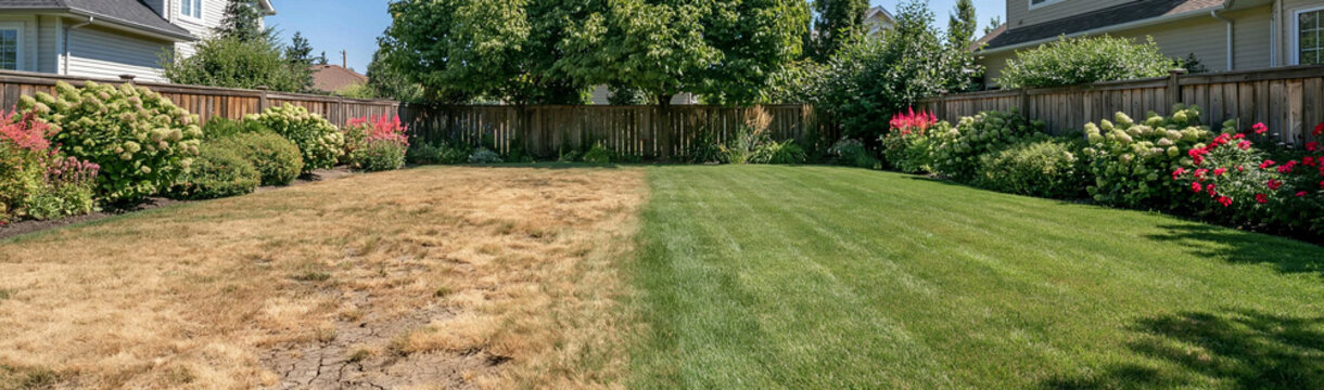 Lawn Care Contrast: A side-by-side comparison of a neglected, dry, brown lawn next to a vibrant, healthy, green lawn, showcasing the dramatic difference good maintenance makes.