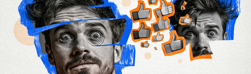 Plakat Man Overwhelmed by Social Media Likes: A surreal collage depicting a man's face, fractured and distorted, with a deluge of digital like icons overwhelming him.