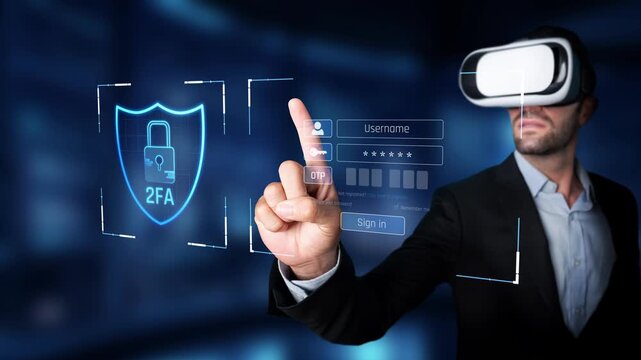 A man wearing virtual reality glasses interacts with a futuristic digital security interface, showcasing the importance of two-factor authentication in cybersecurity. Raster
