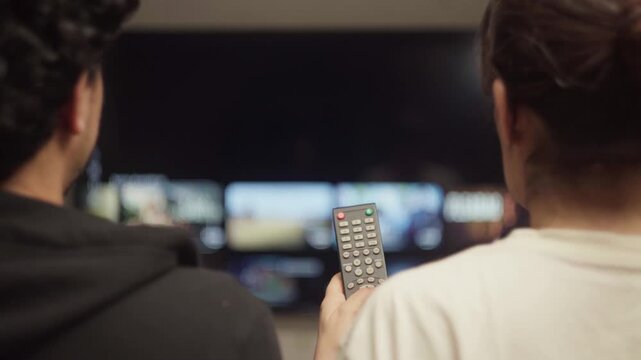 Couple scrolling through streaming library on smart TV with remote control in dark room