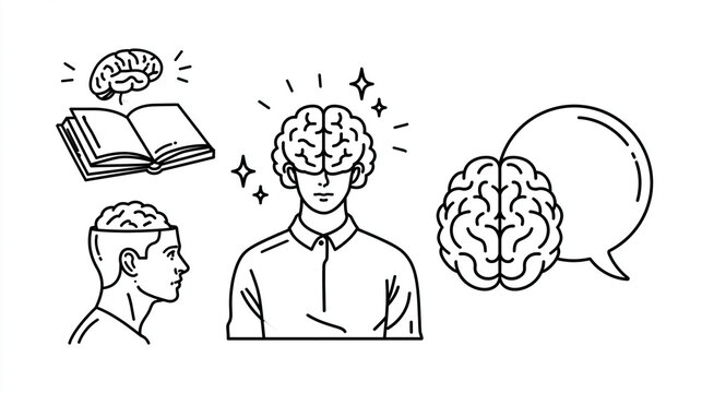 The Power of the Mind: An illustration depicting the journey of knowledge and thought, showing a brain over an open book, a person with an illuminated mind, and a brain inside a speech bubble.