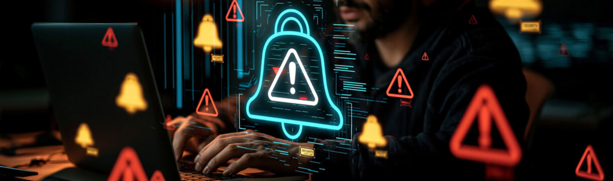 Cyber Threat Alert: A cloaked figure works diligently on a laptop, surrounded by a flurry of digital warning symbols, conveying a sense of imminent cyber danger and data breach risk.