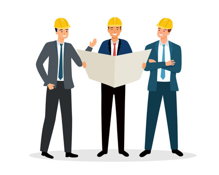 Engineer are discussing the project. Businesspeople in helmets studying project document vector illustration.