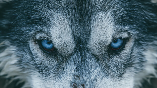 Close up of gray wolf face with blue eye, intense stare and thick fur