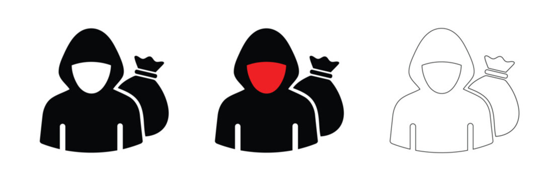 Thief person icon with money bags during night concept in flat style for security app