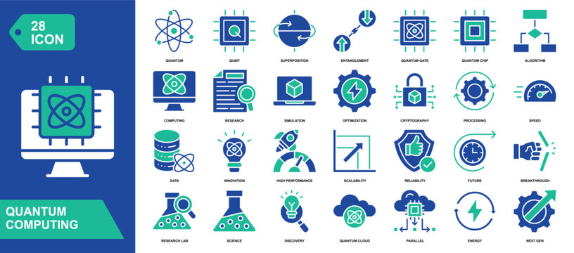 Quantum Computing Solid Icon Set. Featuring quantum processors, computing networks, algorithms, and advanced data processing. Vector icons for technology platforms and research.