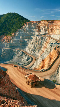 Gigantic Open Pit Mine: A colossal open-pit mine with massive trucks traversing its terraced levels under a clear blue sky, showcasing the scale of resource extraction and industrial activity.