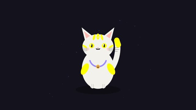 Cute japanese maneki neko waving lucky cat illustration on dark background