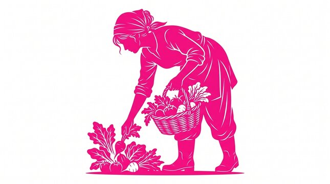 Pink silhouette of a woman harvesting fresh vegetables in a garden basket illustration