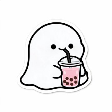 Cute minimalist ghost drinking boba tea, pastel colors, bold outline, white die-cut sticker border, vector