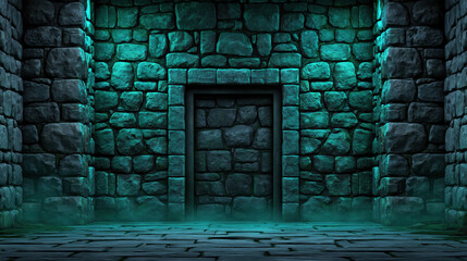 Obraz premium Ancient stone chamber entrance with teal light and mist, medieval underground passage in empty fortress interior