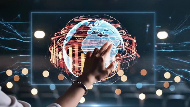 Hand touching futuristic digital holographic screen interface in dark room