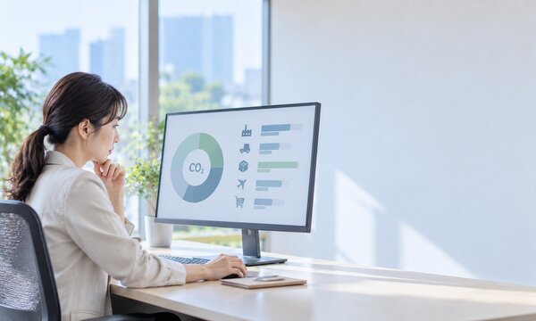 オフィスでモニターのグラフを確認し業務データを分析する女性ビジネスパーソン