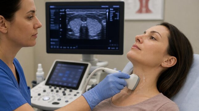 Female sonographer in blue scrubs performing thyroid ultrasound examination on seated female patient using handheld transducer probe in modern clinical diagnostic room