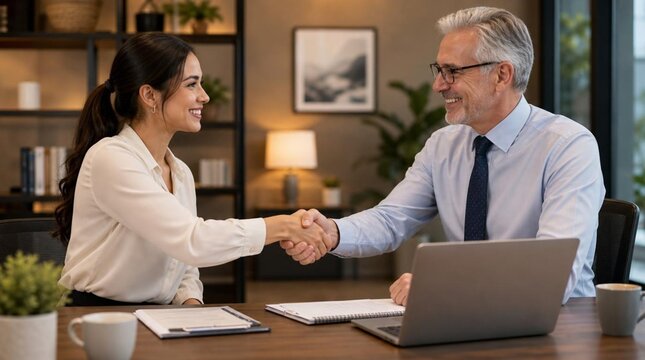 Successful business partners shaking hands across a desk in a modern office; a smiling young woman and a senior male executive in a tie closing a deal, celebrating a partnership or agreement.