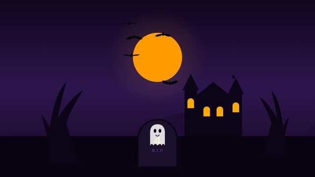 Animated halloween countdown with ghosts and haunted castle at night