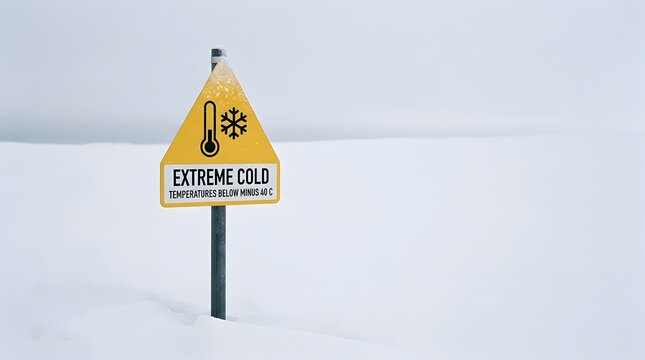 Minimalist extreme cold warning sign in deep snowdrift with negative copy space for winter weather concept