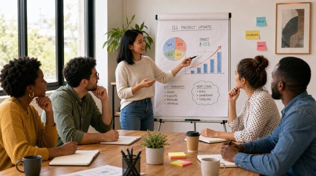 Diverse business team in casual attire collaborating around flipchart with project update charts and graphs in sunlit modern conference room with large windows