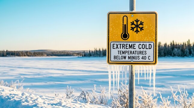 Roadside extreme cold warning sign with hanging icicles and hoarfrost vegetation during sunny subzero winter morning