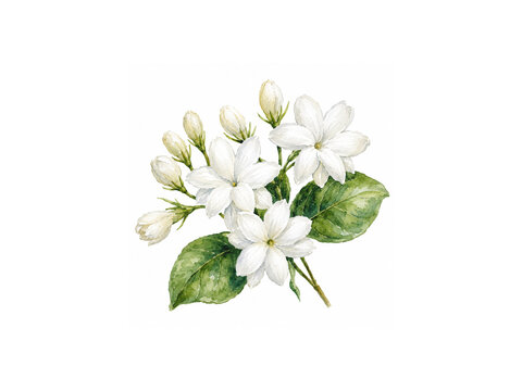 Watercolor Illustration of White Jasmine Flowers and Buds Isolated on White Background
