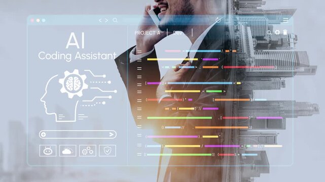 Business Professional Engaging with AI Technology for Coding Assistance in a Modern Urban Environment with Interface Overlay. Entropy.