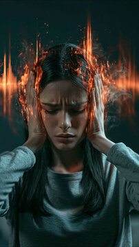 Overwhelmed by Noise: A young woman covers her ears in distress, her head engulfed in surreal flames and sound waves, symbolizing intense sensory overload and mental anguish.