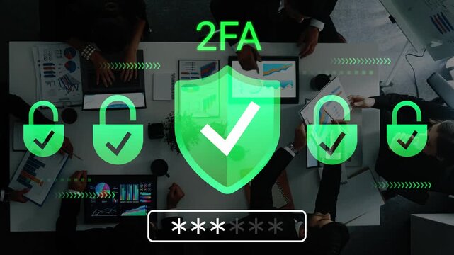 Digital Security Concept with Two-Factor Authentication Symbols and Business Team Analyzing Data Charts in Modern Office Setting Gluon.